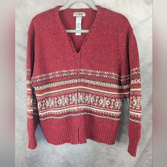 Tiara International XL Zippered Cardigan Red Nordic - Picture 1 of 9
